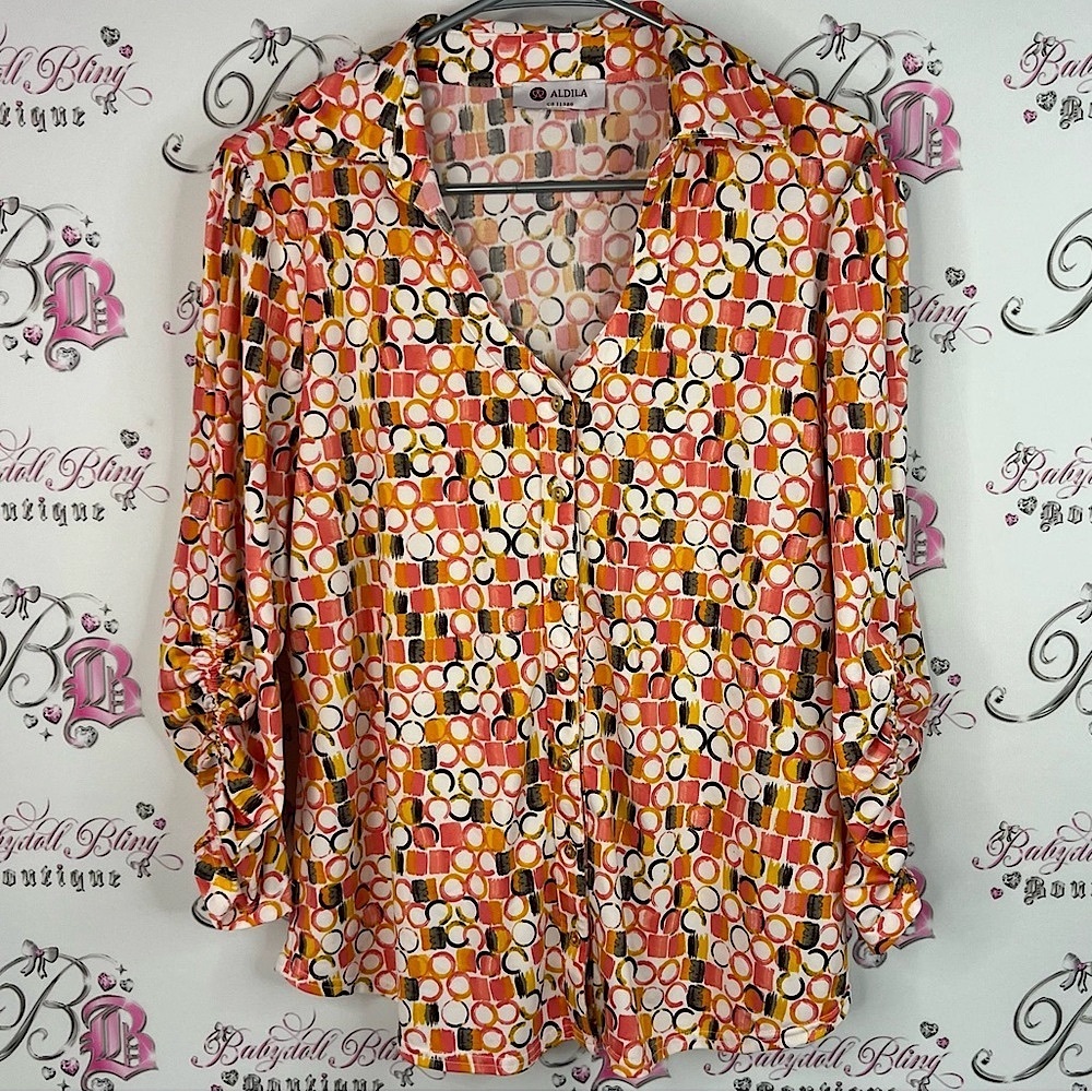 Aldila button up blouse dotted circles  Multicolor Geometric Women's Blouse